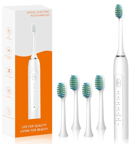 IKERY Schallzahnbürste - Elektrische Zahnbürste mit 6 Putzmodi sauberere Zähne - IPX7 Schallzahnbürste USB-Ladegerät für Erwachsene Toothbrush Integrierter Timer mit 4 abgerundeten Bürstenkopf
