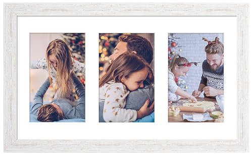 KSROECUD Collagenrahmen mit 3 Öffnungen, 10 x 15 cm, mehrere Bilderrahmen mit Passepartout, Wand- oder Tischdekoration, weiße Holzmaserung, 1 Stück