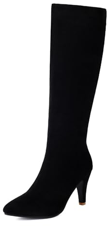 Stivali Alti al Ginocchio Tacco Gattino in Finta Pelle Scamosciata Donna,Stivali Alti Cerniera Laterale e Punta Punta Leopardata Sexy,Eleganti Stivali metà Polpaccio Stiletto,Nero,42 EU
