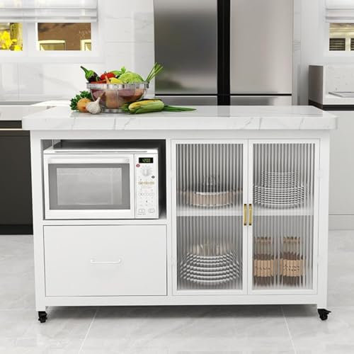 Mobile Kitchen Island Cart with Open Sideboard and Storage Freestanding Microwave Stand on Wheels Small White Cooking Table for Kitchen Storage