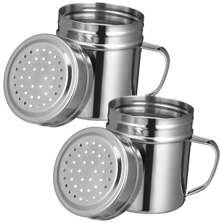 DECHOUS Large Capacity Stainless Steel Spice Shaker with Handle 2 Pack Stain Resistant and Unbreakable Seasoning Shakers for Kitchen and Home Sturdy Silver Salt and Pepper Dredge