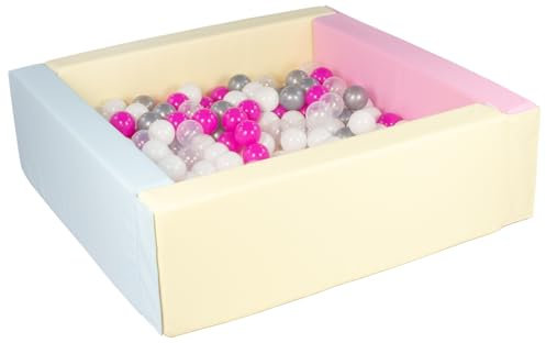 Velinda Piscine à balles carrée avec 300 balles, Cuir écologique, 5 éléments (Couleur de la Piscine/de balles: Rose, Bleu, Jaune (Pastel)/Blanc, Transparent, Rose, Argent)