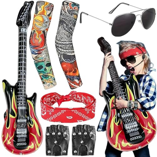 AXERHK Kids Rock Star Costume 7 Pieces with Guitar, Inflatable Sunglasses, Gloves, Tattoo Sleeves, Bandana, Punk Accessories for Men and Women, 80s Disco Party