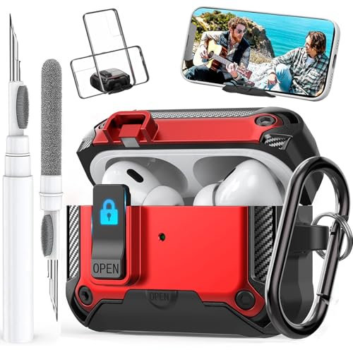 Compatible with Airpods Pro 2/1 Gen Case Cover Lock Clip with Phone Stand (2019/2022/2023), Rugged Case for Airpod Pro 2nd/1st Generation Shockproof Protective Skin for Apple iPod Pro, Red