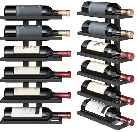 FAVOOSTY Weinregal Wand, Flaschenhalter, Flaschenregal mit 6 Ebenen, Holz Weinregal Bohlen Hängend Weinflaschenregale Schwarz für Esszimmer, Schlafzimmer, Weinkeller (Schwarz, 6 Tier 1 Set)