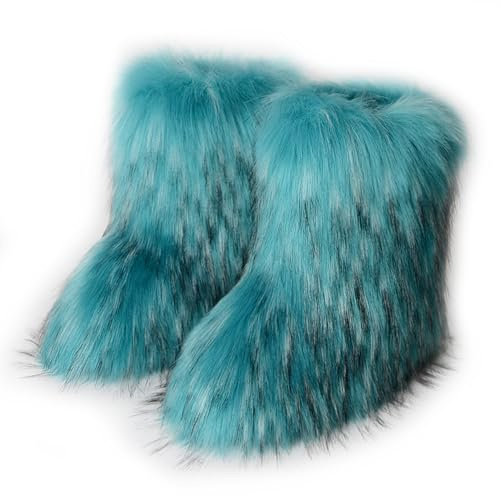 Galindopia Femmes Linda Fluffy Bottes Chaud L'hiver Bottes de Neige with Faux Raccoon Fourrure Chaussures Custome Festival Chaussures Fourrurery Feet Paws Rave Fuzzy Leg Chauder Outdoor Green Size 37
