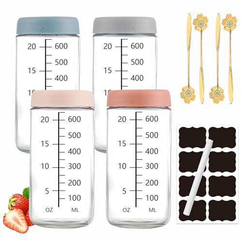Reem Geafft 4 Stück Overnight Oats Gläser, 750ml Einmachgläser mit Schraubdeckel Prep Gläser für Hausgemachte Marmelade, Chutney, Joghurt, Pudding,Einlegen, Babynahrung, Als Mason Jar Meal Prep Boxen