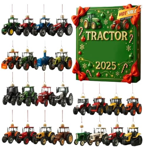 Traktor-Adventskalender 2025, 24-tägiger Weihnachts-Countdown-Kalender Mit Mini-Traktormodellen, Traktor-Weihnachtsschmuck-Countdown Zum Aufhängen Von Bäumen, Bauernhofliebhaber Für Jun-gen