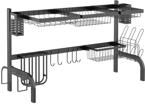 HOMCOM Abtropfgestell Geschirr 2-stufig mit Haken 100 cm Stahl Schwarz | Abtropfständer, Tellerregal, Zubehör, Abtropfgitter Gestell für Küchenspüle