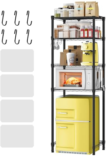 Height Adjustable 4-Tier Metal Storage Shelf for Mini Fridge & Microwave | Carbon Steel Standing Shelf Unit with PP Liners & hooks,Multi-use Rack for Kitchen,Dorm,Office,Small Spaces,60x45x197cm