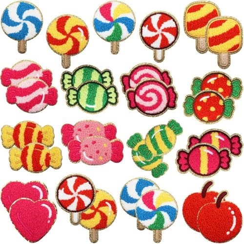 30 Stück Süßigkeiten Patches zum Aufbügeln,Bestickte Aufnäher,DIY-Aufnäher, Reparaturflicken,zum Aufnähen auf Kleidung Kleid Hut Jeans Rucksäcke Hosen T-Shirts Jacke Textilien Taschen Bügelflicken