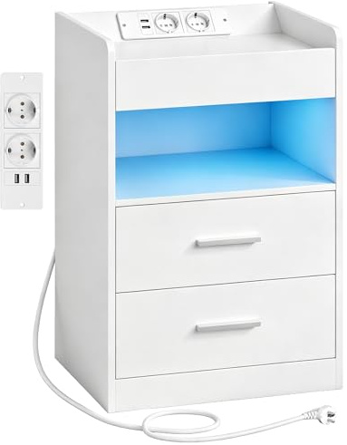 Hzuaneri Nachttisch, Beistelltisch mit Tablett, Nachtschrank | mit Ladefunktion & LED-Beleuchtung, 2 Schubladen, Modern, für Schlafzimmer, Wohnzimmer 35 x 40 x 64 cm, Weiß NS33503XEU