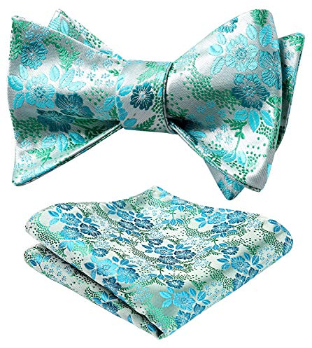 HISDERN Herren Floral Self Fliege und Einstecktuch Set Hochzeitsfeier Zubehör Aqua/Grun