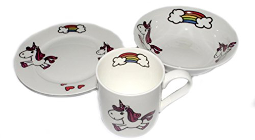 Bone China Unicorn Breakfast Set- 8 INCH Plate, Mug, and Oatmeal Bowl- Hand Decorated