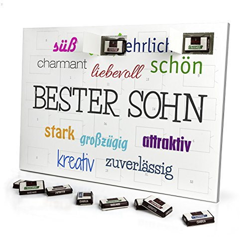 printplanet - Adventskalender mit Namen Bester Sohn - gefüllt mit Schokoladen-Füllung - personalisiert mit Namens-Motiv Positive Eigenschaften - Schoko-Kalender, Weihnachtskalender