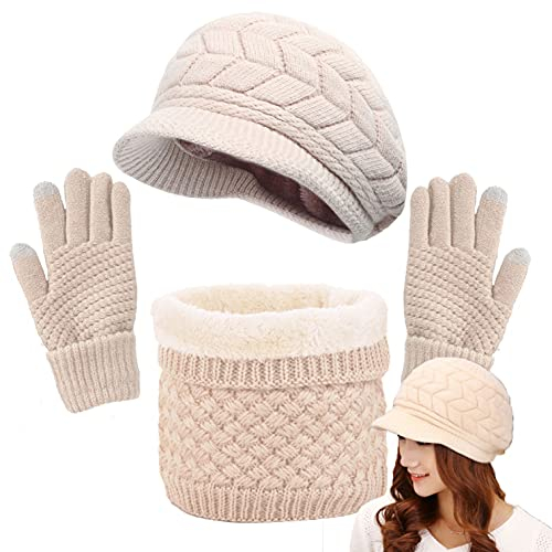 CheChruy Femme Tricoté Béret Écharpe à Boucle Gants 3 Pièces Ensemble Chaud Cache-Cou de Doublure Polaire et Bonnet Tricot Hiver Chapeau-A-Beige-Taille unique