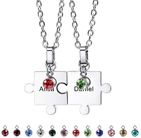 MeMeDIY Personalisierter Puzzle-Anhänger 2/3/4/5/6 Pcs Halskette Gravur Name Datum für Paare Frauen Männer Birthstone Edelstahl Verstellbarer Kettenschmuck für Familienliebe Freundschaft