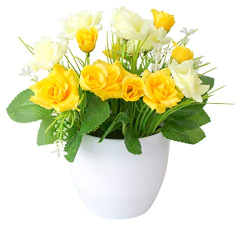 FOReverweihuajz Rose Artificial Flower In Pot, Silk Fake Potted Plant, Small Simulation Bonsai, Decorative Ornaments For Home, Indoor, Garden Yellow