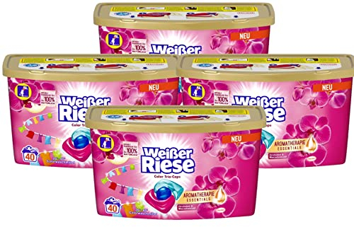 Weißer Riese Color Trio-Caps Aromatherapie Essentials 160 (4x 40) Waschladungen, Waschmittel mit Orchidee & Macadamiaöl, pflegendes Colorwaschmittel mit ätherischen Ölen, die zu 100% natürlich sind