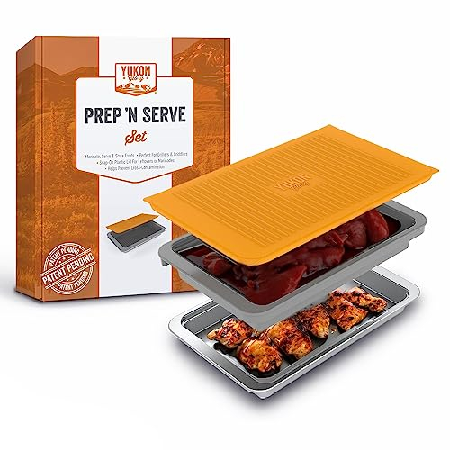 Food Prep BBQ Tray - Die Yukon Glory™ Grill Prep Tabletts enthalten Kunststoff-Marinadenbehälter zum Marinieren von Fleisch & Edelstahl-Servierplatte für all Ihren Grillgrill - BBQ Prep 'N Serve™ Set