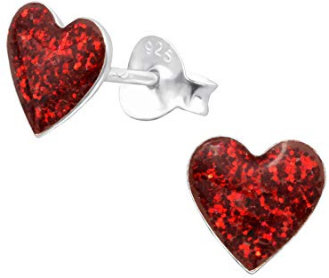 Red Love Heart - 925 Sterling Silver Sparkly Earrings