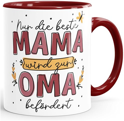 SpecialMe® Kaffee-Tasse mit Spruch Nur die beste Mama wird zur Oma befördert Geschenk Muttertag Großmutter Weiss-innen-bordeauxrot Keramik-Tasse