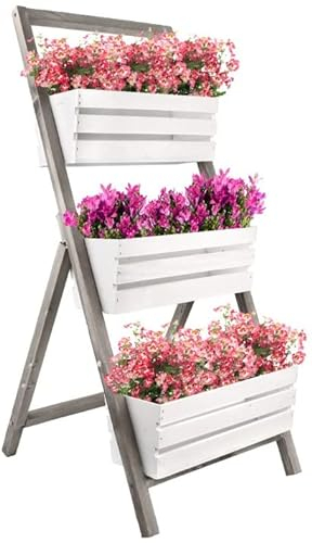 KOTARBAU® Escalera de madera para plantas, Estantería de 3 jardineras, Huerto urbano vertical, Jardinera vertical, Maceteros de madera, Blanco gris, Jardineras con macetas, Cama elevada de jardín