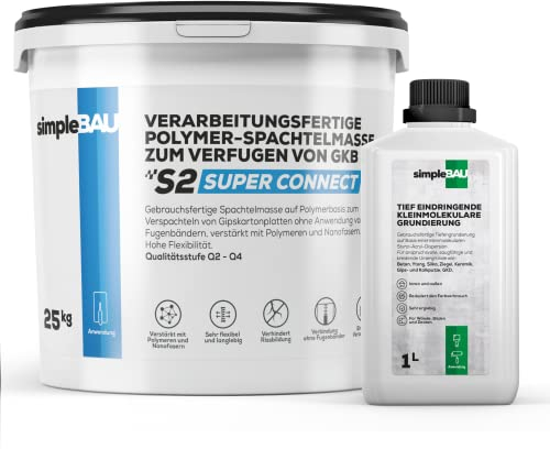 simpleBAU Spachtelmasse 25 kg und Tiefengrundierung 1L – Polymerbasierte Fertigspachtel für Gipskartonplatten und gebrauchsfertiger Tiefgrund für innen & außen Für Wände, Böden und Decken