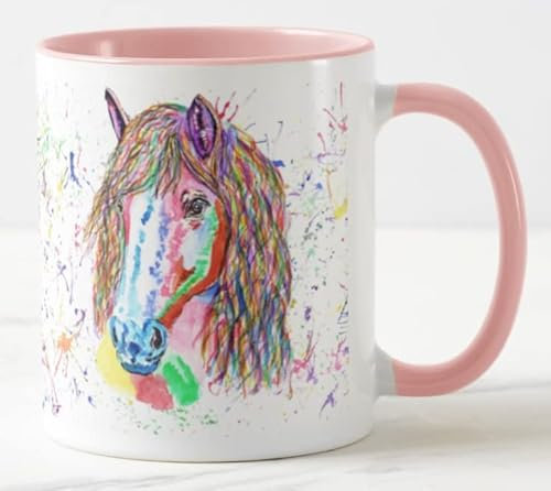 Vixar Horse Farm Animal Hand Painted Design Watercolour Art Coloured Mug Cup Gift Birthday Work Office Christmas Tea Coffee (Pink)