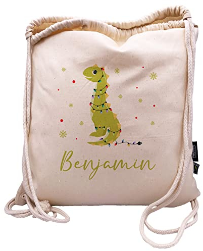 Manilu Personalisierter Turnbeutel mit Weihnachtsmotiv Dino und Namen aus Bio-Baumwolle | Rucksack | Sportbeutel | Wäschebeutel | Kinder | Geschenk (Weihnachten Dino)