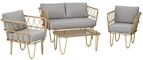 Outsunny Ensemble Salon de Jardin 4 pièces canapé 2 Places + 2 fauteuils + 1 Table Basse Plateau Verre trempé 7 Coussins - métal et résine tressée - Gris