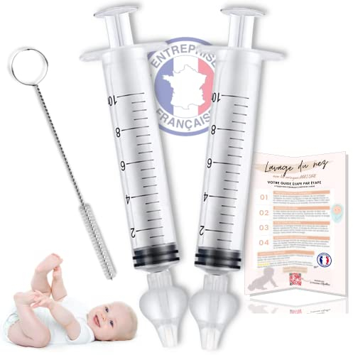 Mouche bebe seringue nasale 10ml ABBICARE sans BPA-CE | Kit 2 seringues avec embouts silicone + 1 goupillon de nettoyage et guide conseil | Soin nasal puericulture serum physiologique hygiene nez