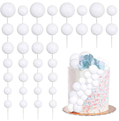 30Pcs Glitter Balls Cake Topper Foam Ball Cake Picks Mini Balloon DIY Cake Insert Topper Decoration for Baby Shower Wedding Anniversary Kids Birthday Graduation Party Cake Decorations White