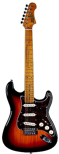Jet Guitars JS300 SB Strat Gitarre, massiver Lindenholzkörper, 22 Bünde gerösteter Ahornhals, Keramik-Tonabnehmer, traditionelles Tremolo
