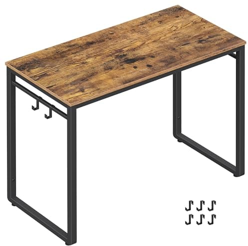 VASAGLE Scrivania, Tavolo da Computer, Scrittoio con 8 Ganci, 50 x 100 x 76 cm, per Studio, Facile da Montare, Struttura in Metallo, Design Industriale, Marrone Vintage e Nero Inchiostro LWD045B01