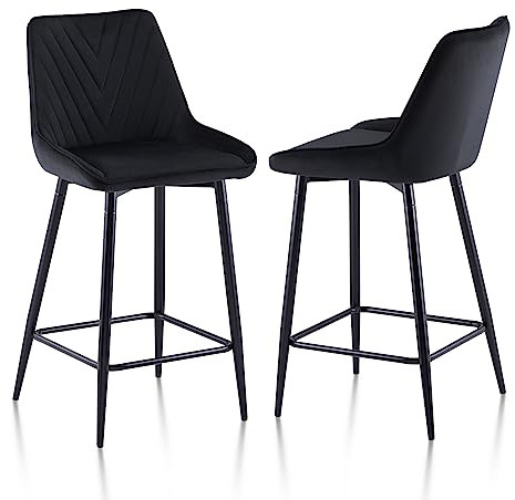LEMROE Barhocker, 2er-Set für die Küche, mit Metallbeinen und Fußstütze, Samt-Barhocker mit Rückenlehne, gepolsterte Frühstücksthekenhocker für die Heimkücheninsel