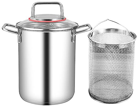 UGCER Stainless Steel Asparagus Pot, Vegetable Steamer Pasta Cooker Oil Deep Fry Pan with Basket and Glass Lid for Home Kitchen Restaurant