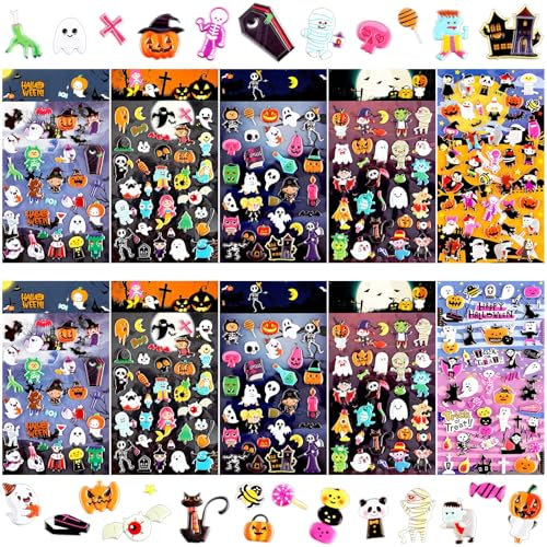 UPINS Halloween Sticker, 10 Blätter Halloween Aufkleber 3D Halloween Sticker Kinder Geist Kürbis Totenkopf Fledermaus Spinne Horror Sticker für Halloween Party Deko