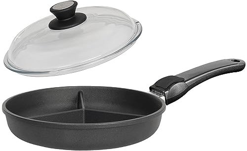 SKK 2-tlg. Guss Antihaft Pfanne 28 cm 3-fach geteilt Griff abnehmbar - ohne Induktion - ideal zum Braten dreierlei Speisen & Deckel - Made in Germany