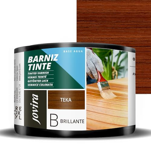 JOVIRA PINTURAS. BARNIZ TINTE BRILLANTE al Agua, acabado Brillo. Especial para teñir y barnizar maderas. (375 Mililitros, Teka) E-48