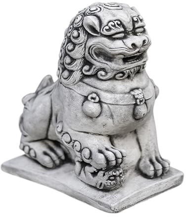gartendekoparadies.de Chinesische Wächterlöwen Shishi Fu Hunde, Steinfigur aus Steinguss, Grau, Frostsicher für Außenbereich, H. 38 cm, 24 kg (Weiblicher Wächterlöwe)