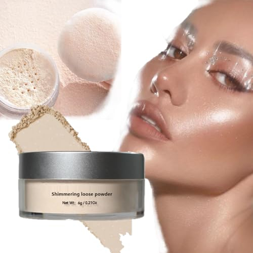 KARLOR Polvere sfusa con luccichio, cipria fissa con nappa di cipria, polvere di fissaggio con brillantini, finitura opacizzante, per trucco, impermeabile, per carnagione naturale