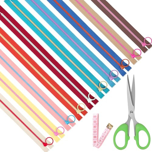 Mardatt 10 Stück Nylon Harz Reißverschluss, 10 Farben Kunststoff-Reißverschlüsse mit Hebering-Zug, Näh-Reißverschlüsse mit weichem Lineal, Schere für DIY Nähen Handwerk, 35cm/14 Zoll