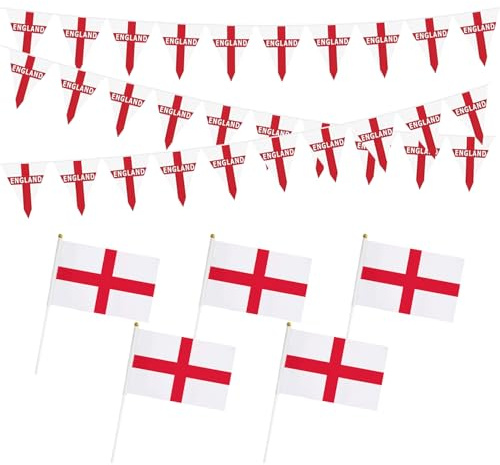 1 Stück England-Dreiecksflagge, 5 Stück England-Handschwenkflagge, Doppelseitige Wimpelkette, England-Buchstabenflagge, Spiel-Cheer-Flagge, Fan-Feier-Party-Dekoration