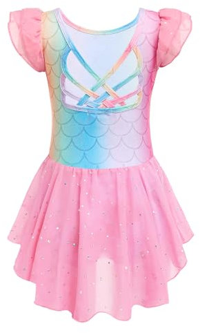 Arshiner Ballettkleidung Mädchen Kurzärmelig Ballettkleid Regenbogen Tanzkleid Kinder Baumwolle Ballettanzug Balletttrikot Tanztrikot Kleinkind Ballerina Kleid Outfits mit Rock Tütü 150/7-8 Jahre