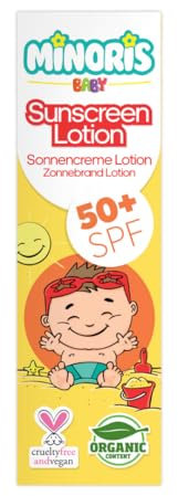 Minoris Baby Lotion Solaire SPF 50+ Bio & Minérale, Pour Nourrissons, Peau Délicate, Hypoallergénique, Vegan, Large Spectre, Résistante à l’Eau, 150 ml