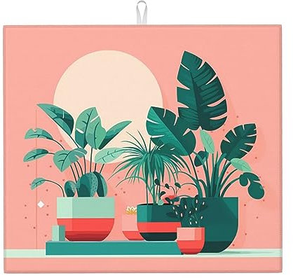 WHJYYXDE Hermosa alfombrilla de secado con estampado de plantas verdes en maceta para cocina. El centro está hecho de esponja compuesta reversible con cordón