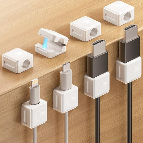 8 Pack Magnetic Cable Clips Cord Holder, Smooth Adjustable Charging Phone Cable Holder for Nightstand, Adhesive Phone USB Cord Clips Managment Cable Organizer Keeper for Desk Office Home Wall, White