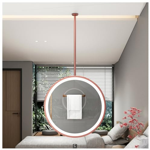 Miroir De Salle De Bain Rond, Miroir Mural Suspendu Au Plafond Avec Tige De Suspension, Miroir De Courtoisie Décoratif Avec Cadre En Métal, Éclairage Double Face, For Hôtels Et Maisons(Rose gold,Diame