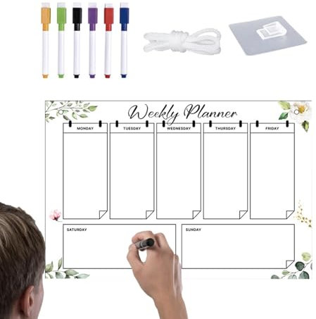 Tableau mural hebdomadaire en acrylique transparent effaçable à sec, planificateur hebdomadaire avec 6 marqueurs de couleur, tableau de planification pour réfrigérateur, verre, mur